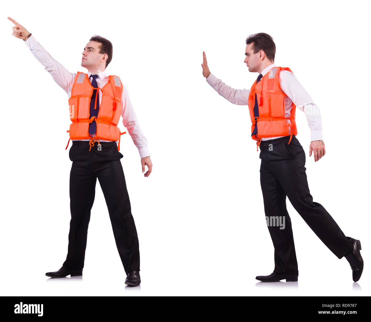 Man in life-jacket isolated on white Stock Photo