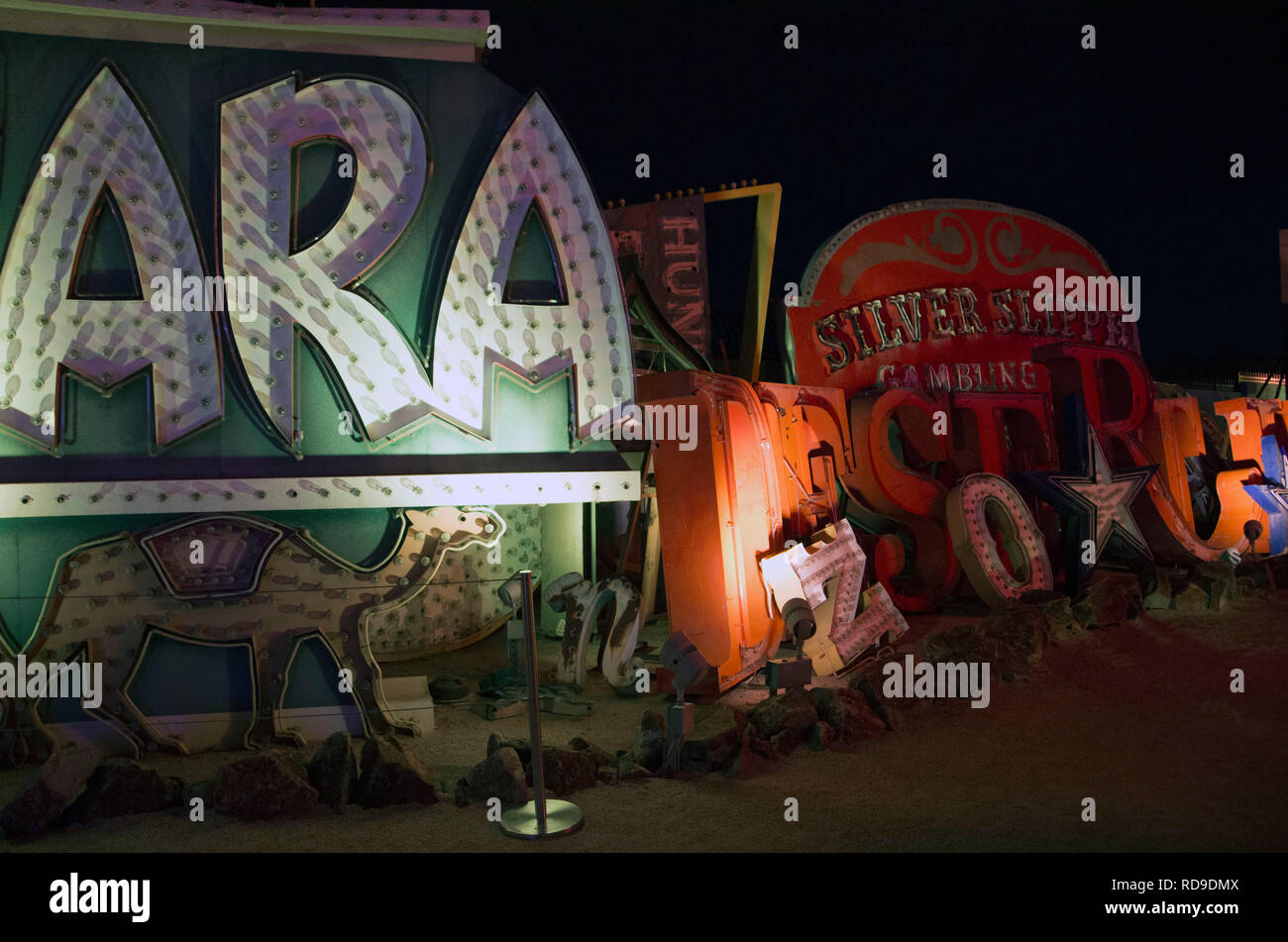 The Neon Museum in Las Vegas has a bone yard of old neon signs from the city's past. Guests are led on tours through the yard. Stock Photo