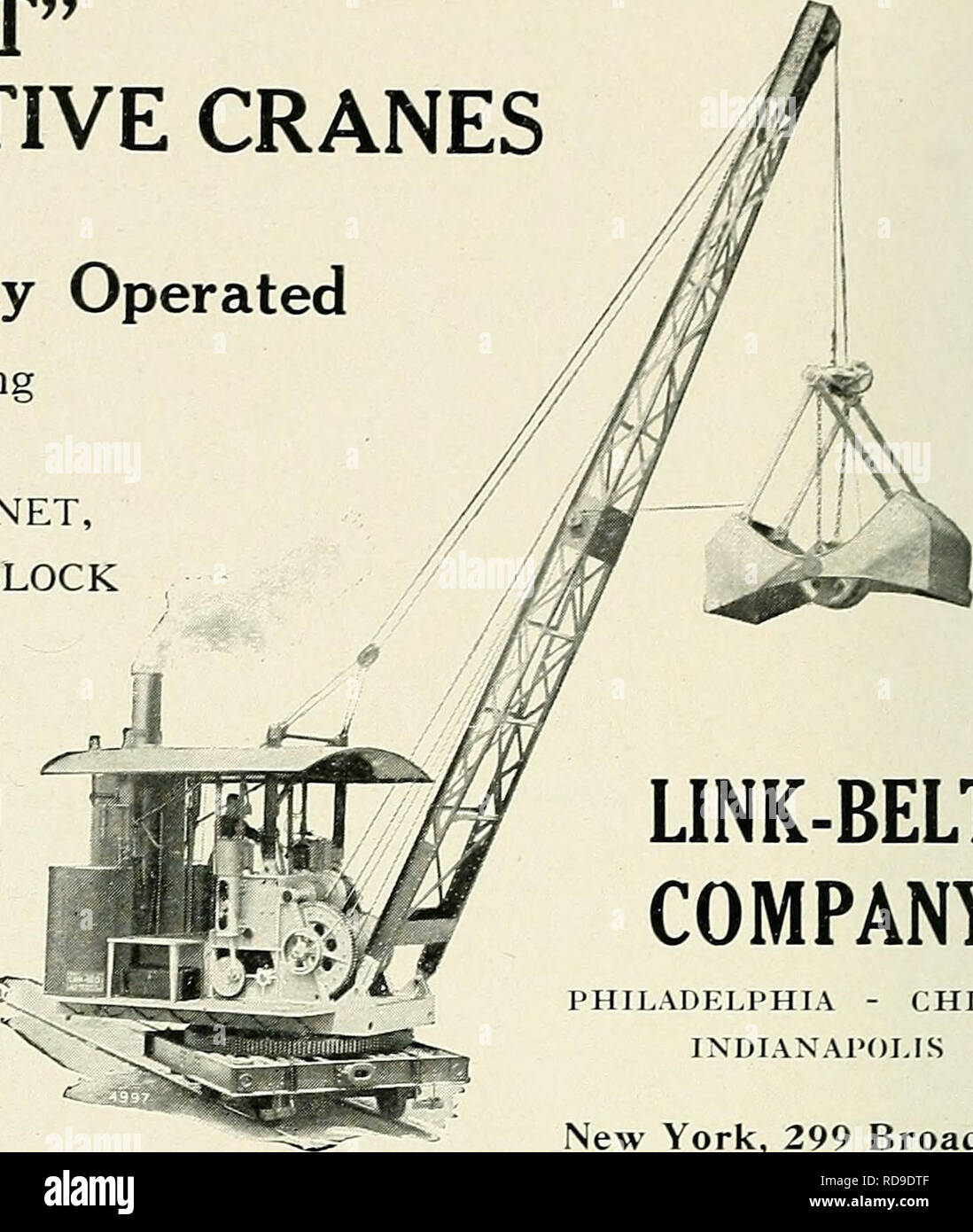 . The Cuba review. THE CUBA REVIEW &quot;LINK-BELT&quot; LOCOMOTIVE CRANES Steam or Electrically Operated Arranged for handling Grab Bucket, Lifting Magnet, Hoisting Block and other special applications THE LATEST DESIGN OF THE FOREMOST MANU- FACTURERS SPECIFICATIONS AND IPRICES UPON REQUEST. LINK-BELT COMPANY PHILADELPHIA - CHICAGO INDIANAPOLIS New York, 299 Broadway. Please note that these images are extracted from scanned page images that may have been digitally enhanced for readability - coloration and appearance of these illustrations may not perfectly resemble the original work.. Munson  Stock Photo