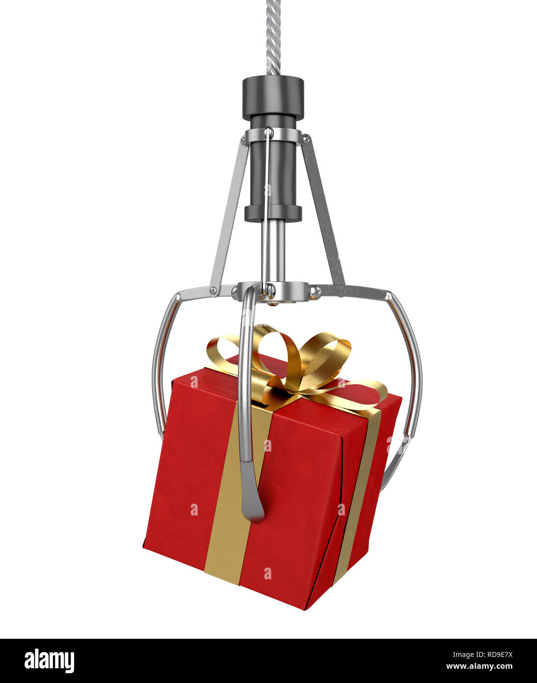 A robotic claw from an arcade type game gripping a small wrapped gift with a gold bow on an isolated white background - 3D render Stock Photo