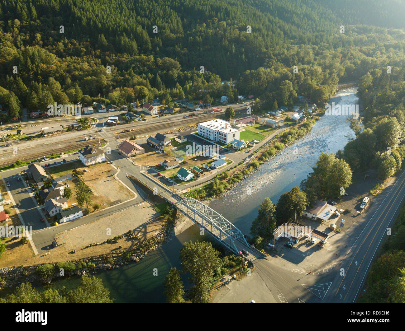 An aerial view of the town of Skykomish in the Cascade Mountains of Washington State. Stock Photo