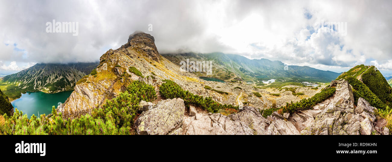 360 degree Panorama from Krab to Czarny Staw Gasienicowy and Zielona Dolina Gasienicowa valey in Tatra Mountains, Poland, Europe Stock Photo