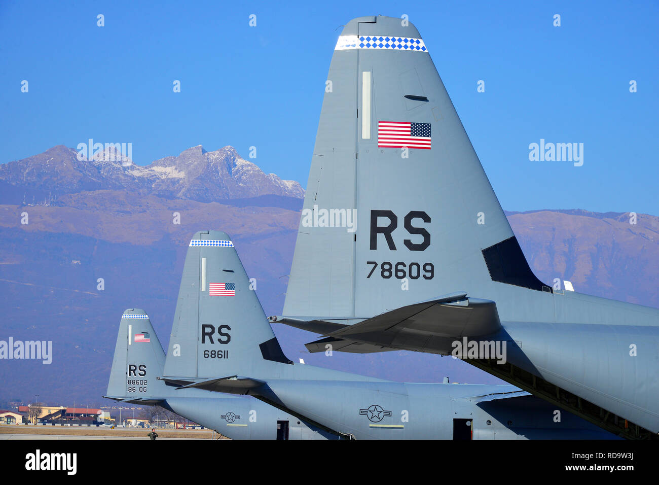 U.S. Air Force C-130 Hercules from the 86th Air Wing park at Aviano Air Base, Italy, January 14, 2019, during Spartan Exercise. (U.S. Army photo by Paolo Bovo) Stock Photo