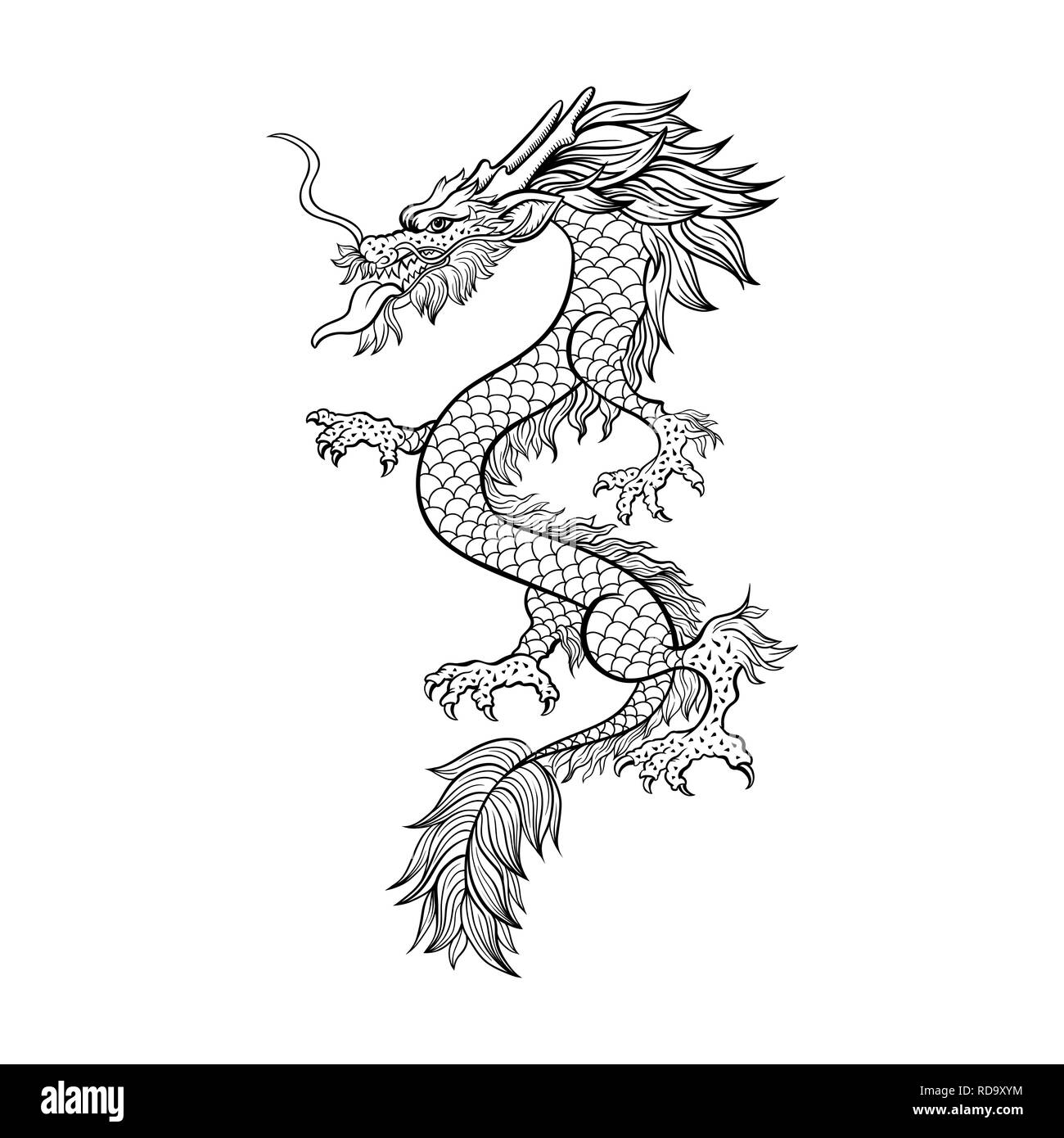 Chinese Dragon Hand Drawn Vector Illustration Mythical Creature Ink Pen Sketch Black And White Clipart Serpent Freehand Drawing Isolated Monochrome Mythic Design Element Chinese New Year Poster Stock Vector Image Art