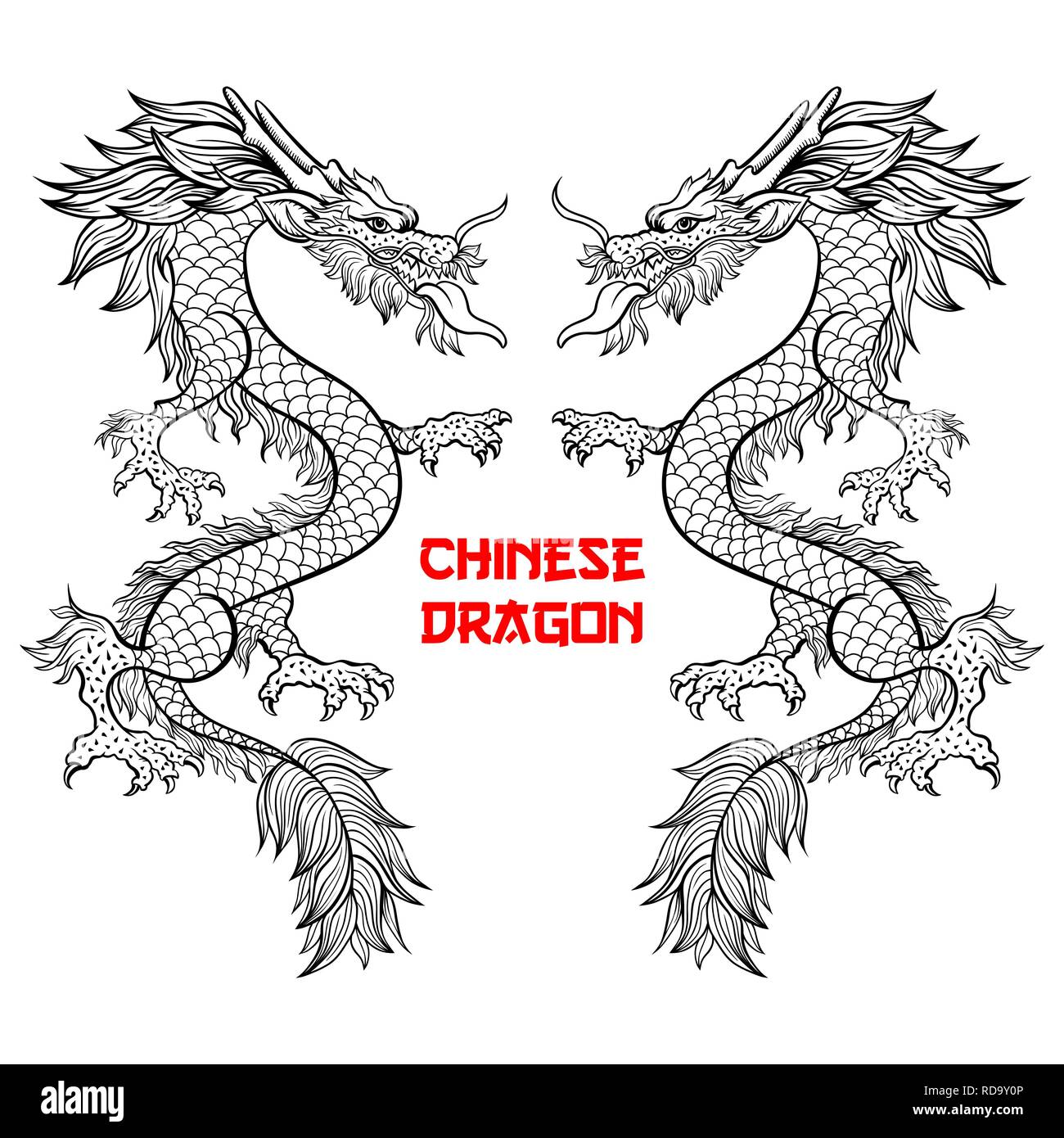 Two Chinese dragons hand drawn vector illustration. Mythical creature ink pen sketch. Black and white clipart. Serpent freehand drawing. Isolated monochrome mythic design element. Chinese new year poster Stock Vector
