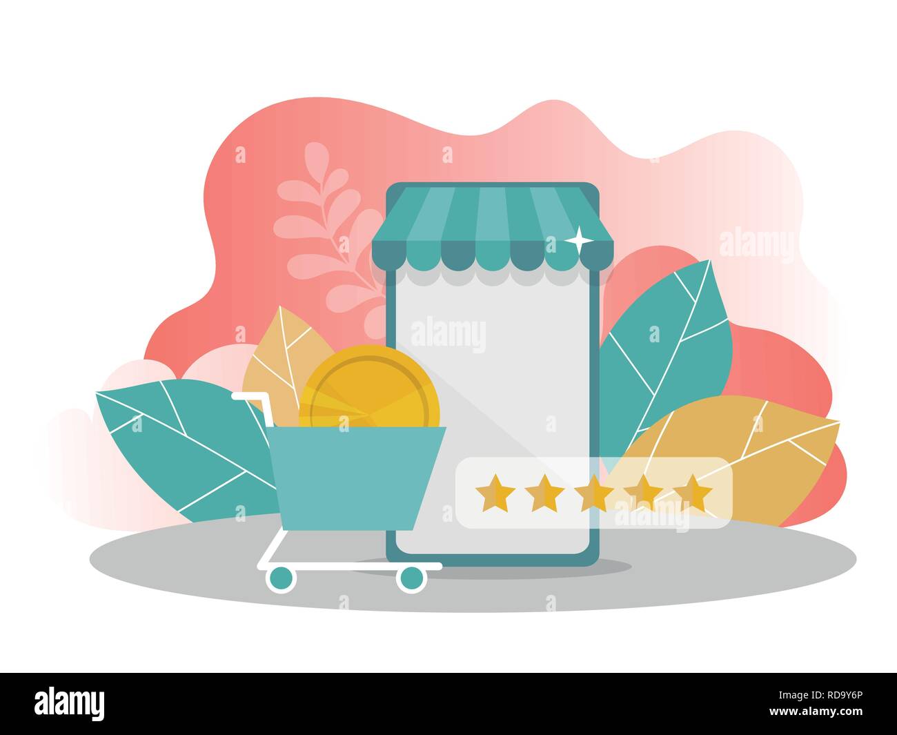 Online shopping. mobile phone with money, rating stars on modern background. Stock Vector