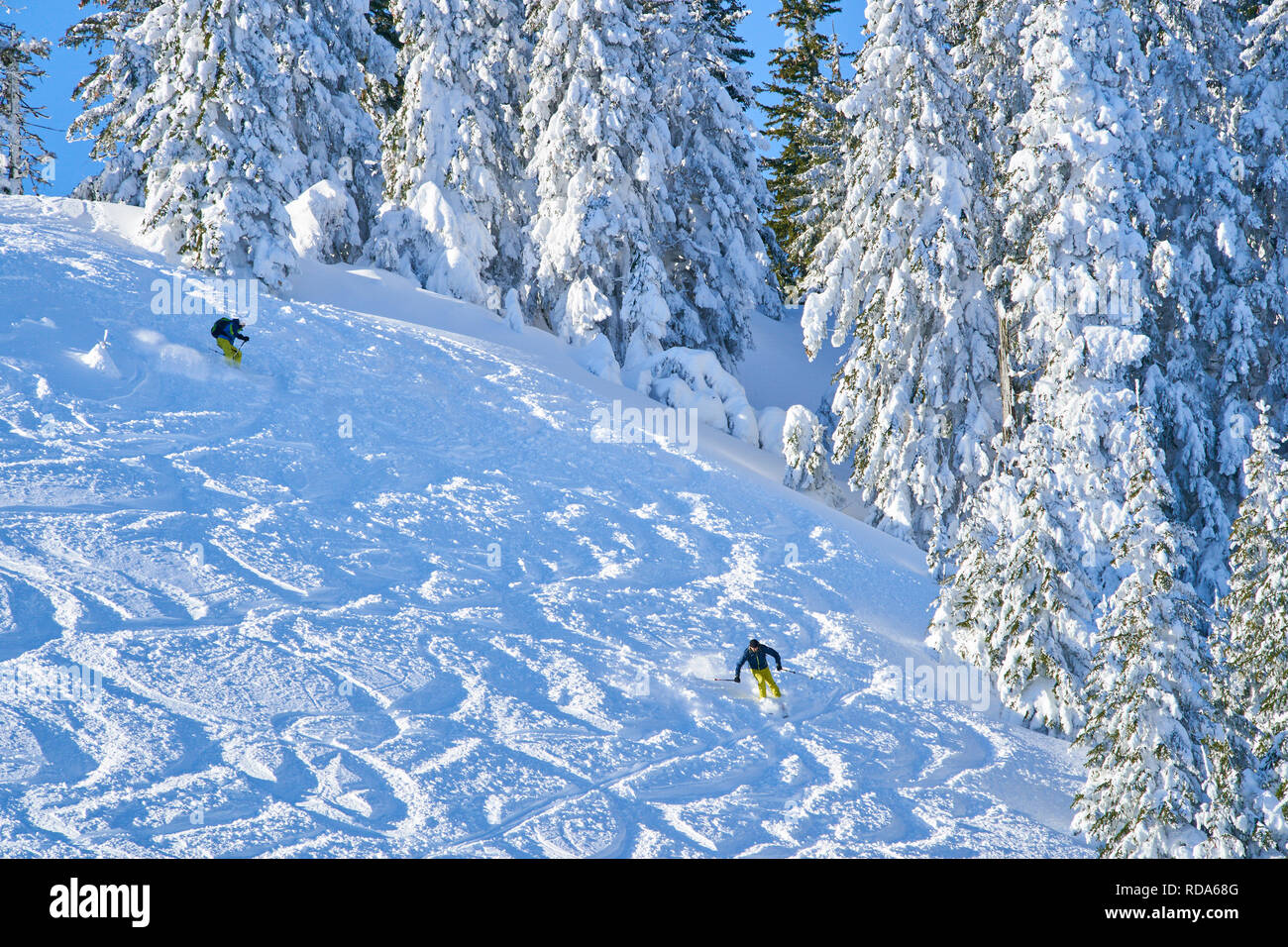 Ski tour walker ski downhill at the mountain Alpspitz in dangerous