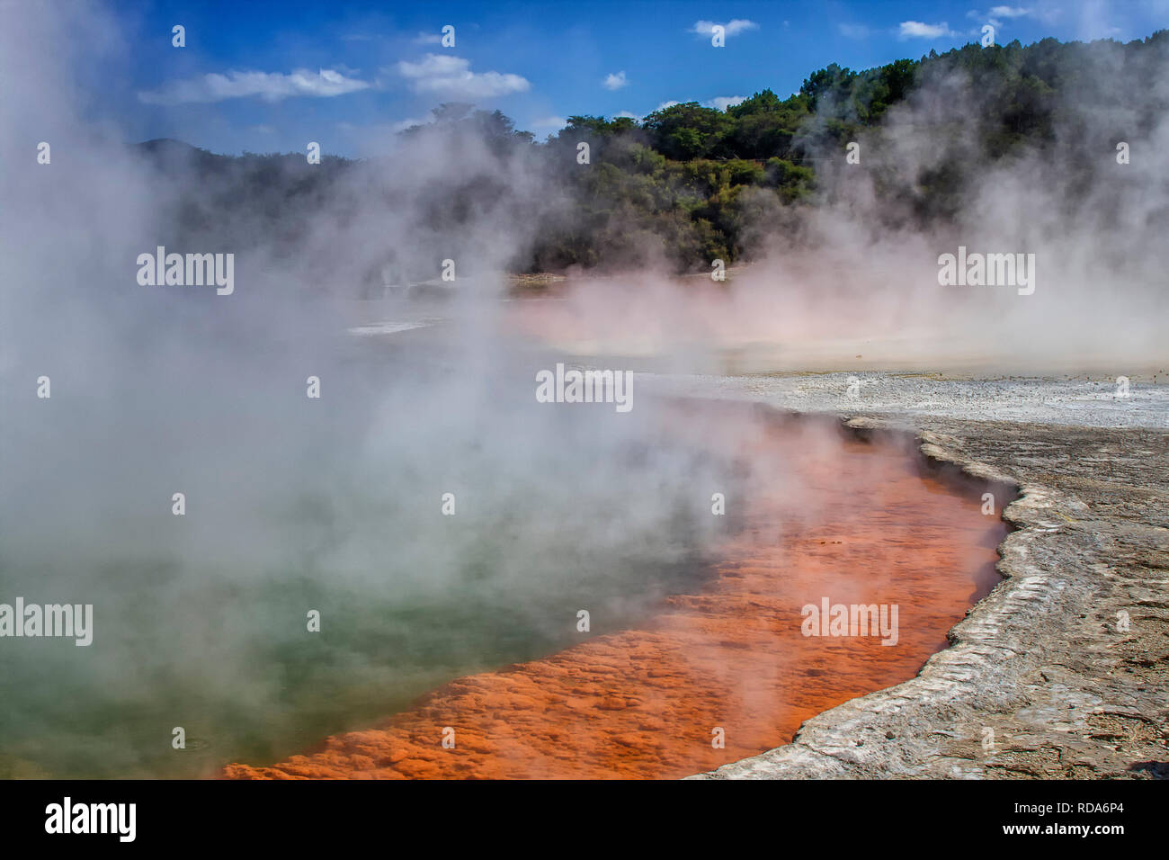 Orange border at Champagne Pool in Wai-O-Tapu Geothermal Wonderland, Rotorua, New Zealand Stock Photo