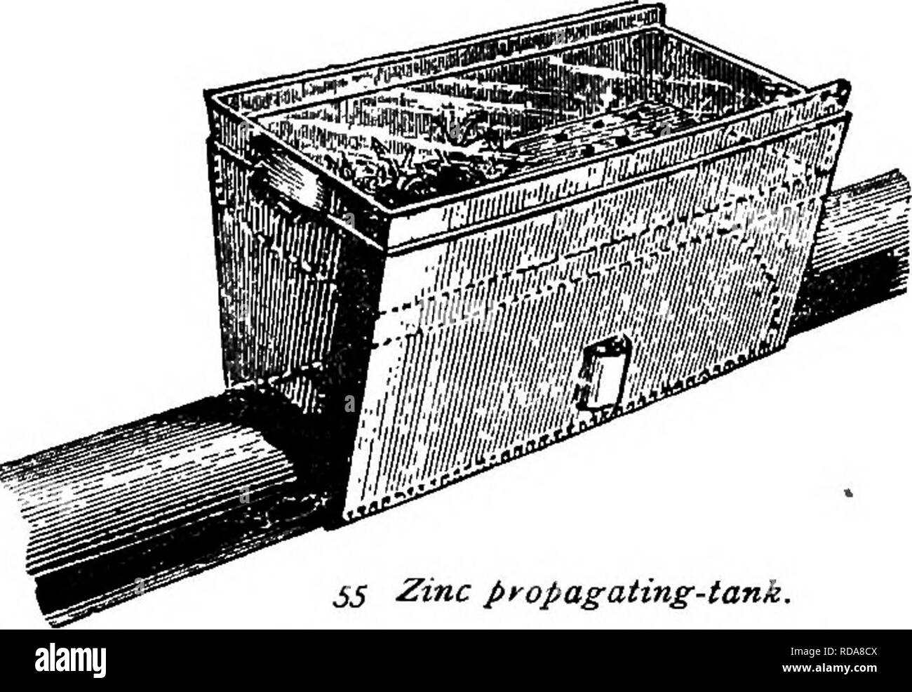 . The nursery-book; a complete guide to the multiplication of plants ... Gardening; Plant propagation. PROPAGATING DEVICES. 51. Zinc propagating-tank. at that point. Various devices are employed for the pur- pose of securing these advantages to the best effect. These usually are double pots, in one of which water is placed. A good method is that rep- resented in Figure 56, which shows a pot, b, plugged with plaster of Pans at the bottom, placed inside a larger one. The earth is placed between the two, drainage material occu- pying the bottom, a, and fine soil the top, c. Water stands in the in Stock Photo