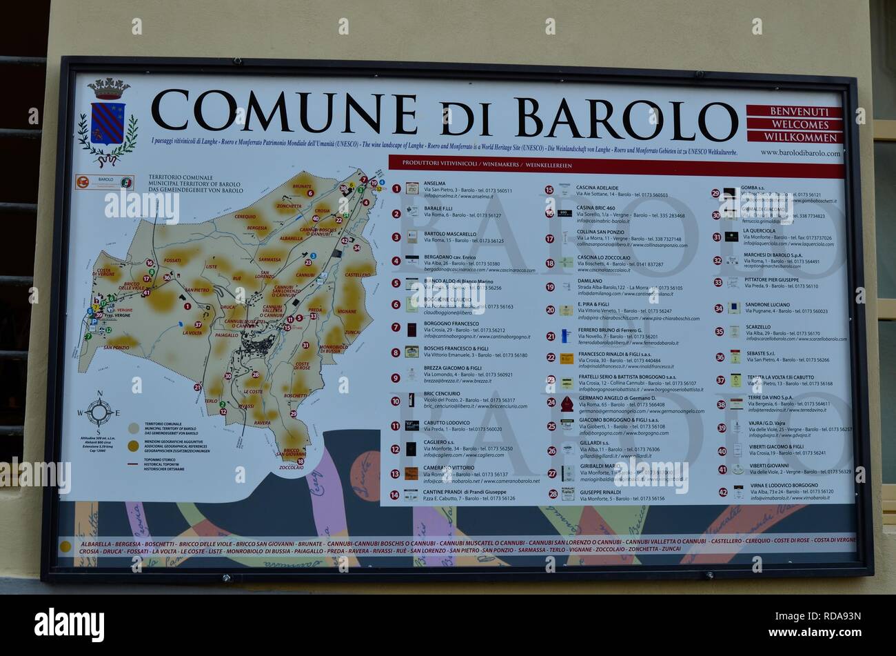 Barolo, Piedmont, Italy. July 2018. In the historical center of the cartellonistica informative on the municipality. Barolo is part of the viticultura Stock Photo