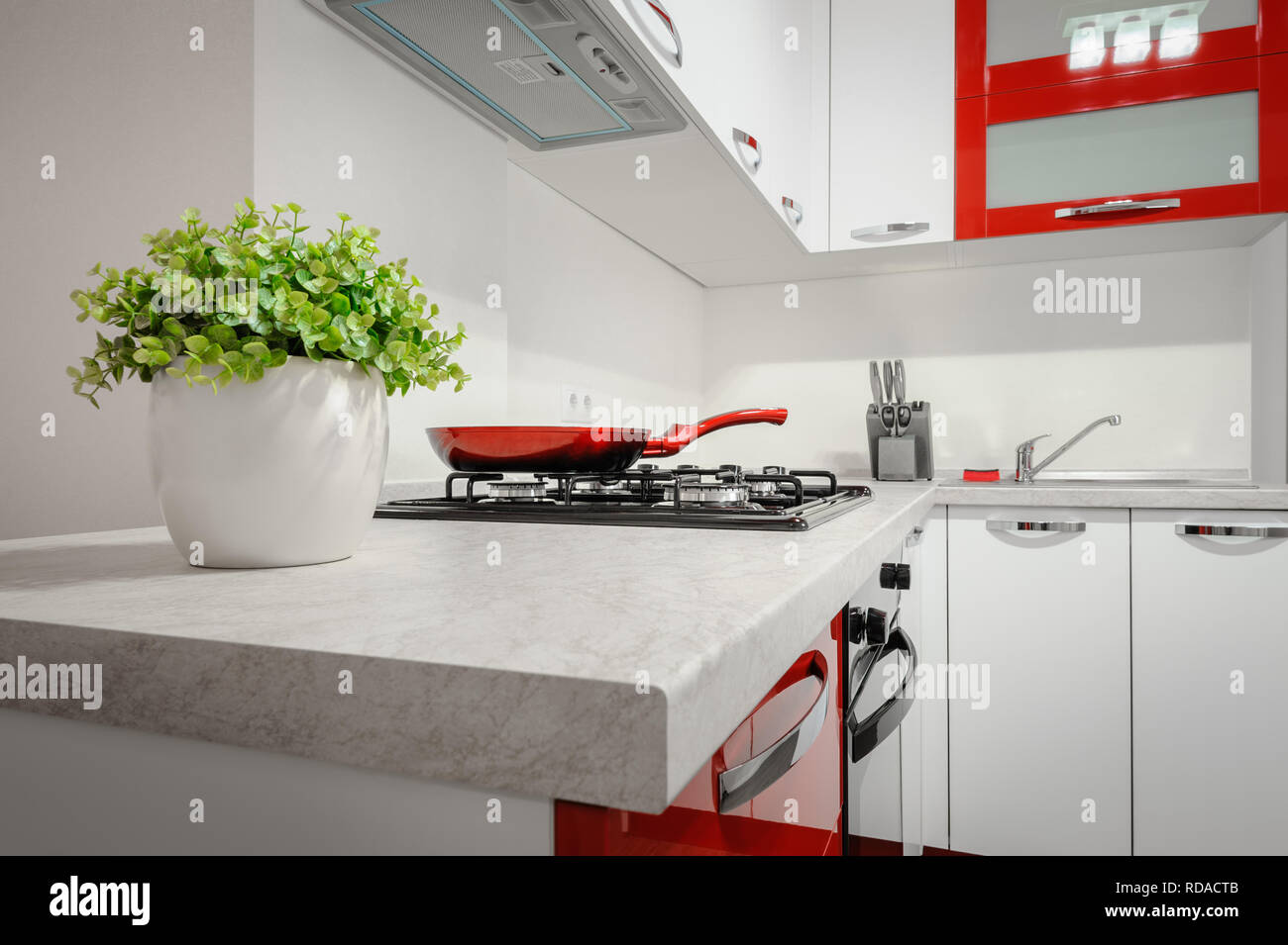 Modern Red And White Kitchen Interior Stock Photo 231954923