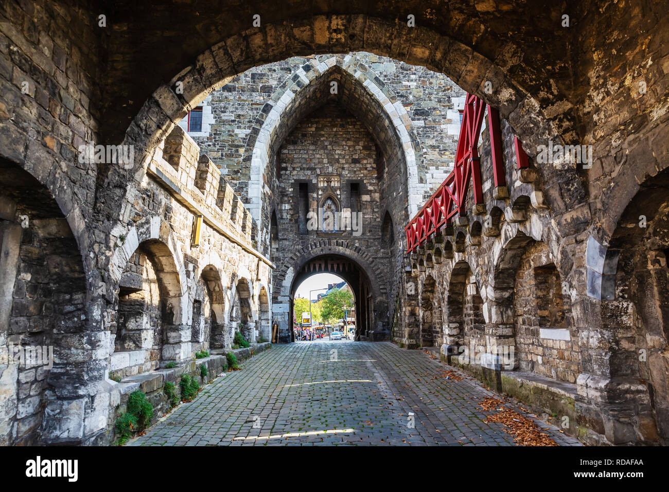 Aachen, Germany - October 12, 2018: historical Ponttor with unidentified people. The Ponttor is one of the two remaining gates of the original city wa Stock Photo