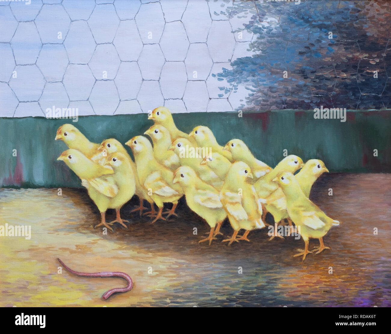 hand-painted oil painting of small yellow chicks in a chicken coop that are afraid of an earthworm. Stock Photo