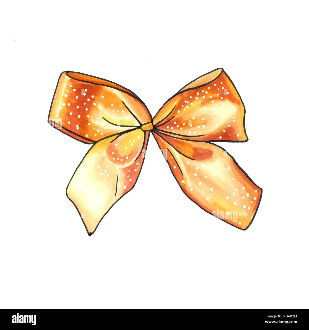 Golden Ribbon knot handdrawn raster illustration. Realistic gold gift