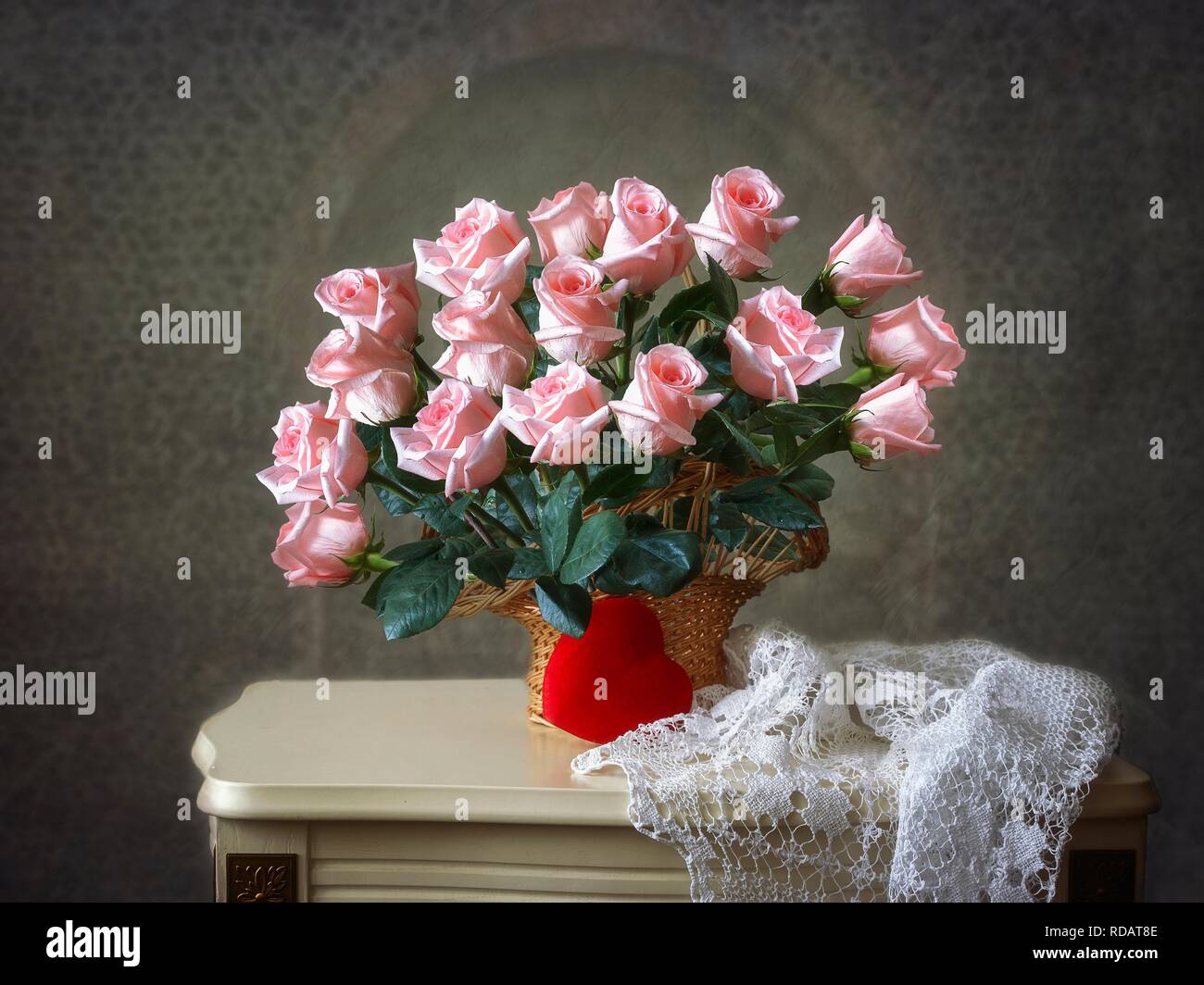 Still life with bouquet of pink roses Stock Photo - Alamy