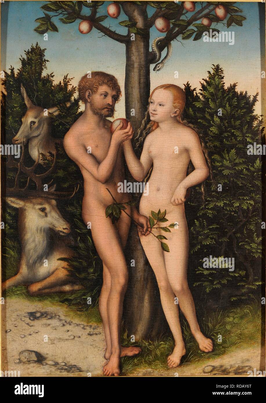 Adam und Eva (The Fall). Museum: Kulturhistorisches Museum Magdeburg. Author: Cranach, Lucas, the Elder. Stock Photo