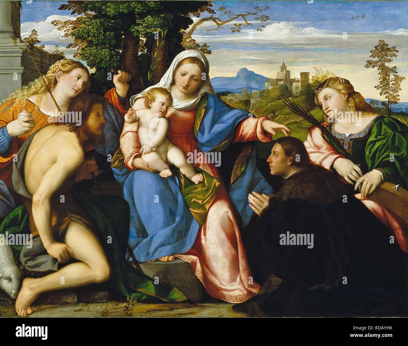 The Virgin and Child with Saints and a Donor. Museum: Thyssen-Bornemisza Collections. Author: Palma il Vecchio, Jacopo, the Elder. Stock Photo