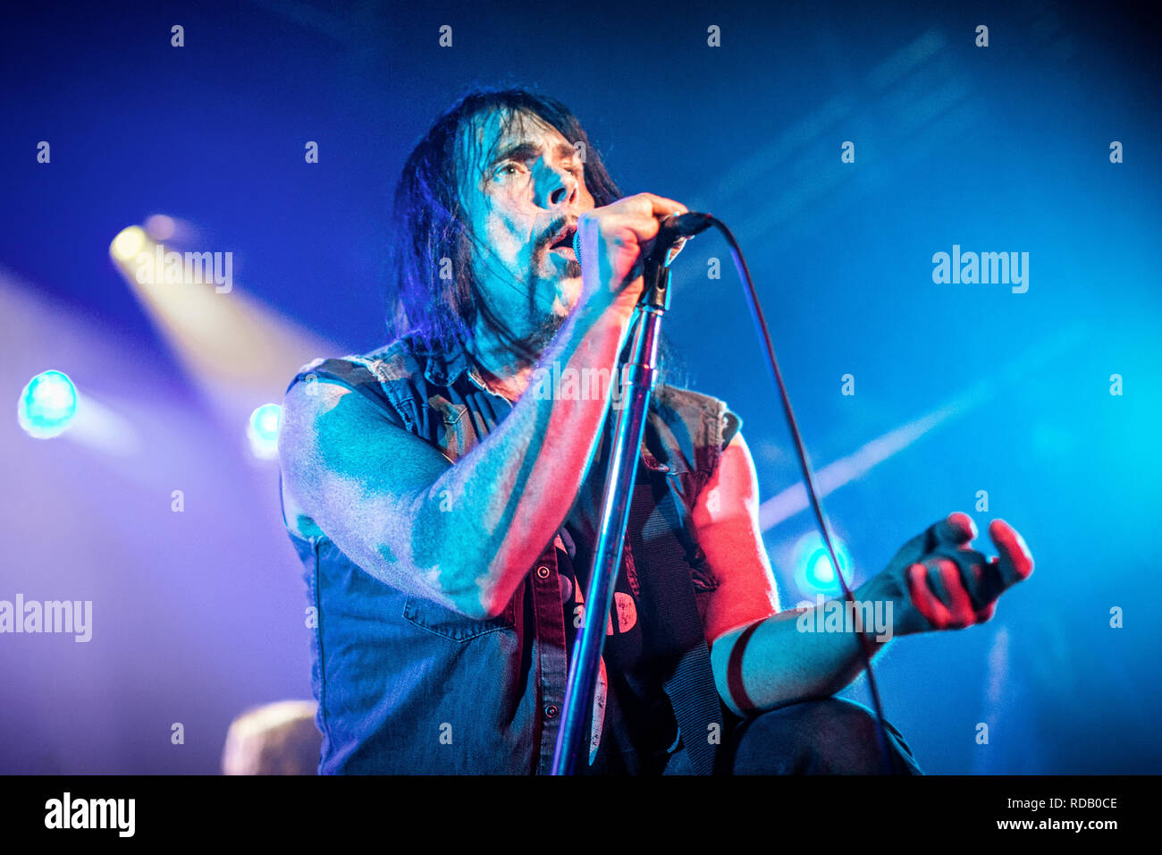Norway, Oslo - January 13, 2019. The American stoner rock band Monster Magnet performs a live concert at Parkteatret in Oslo. Here vocalist Dave Wyndorf is seen live on stage. (Photo credit: Gonzales Photo - Terje Dokken). Stock Photo