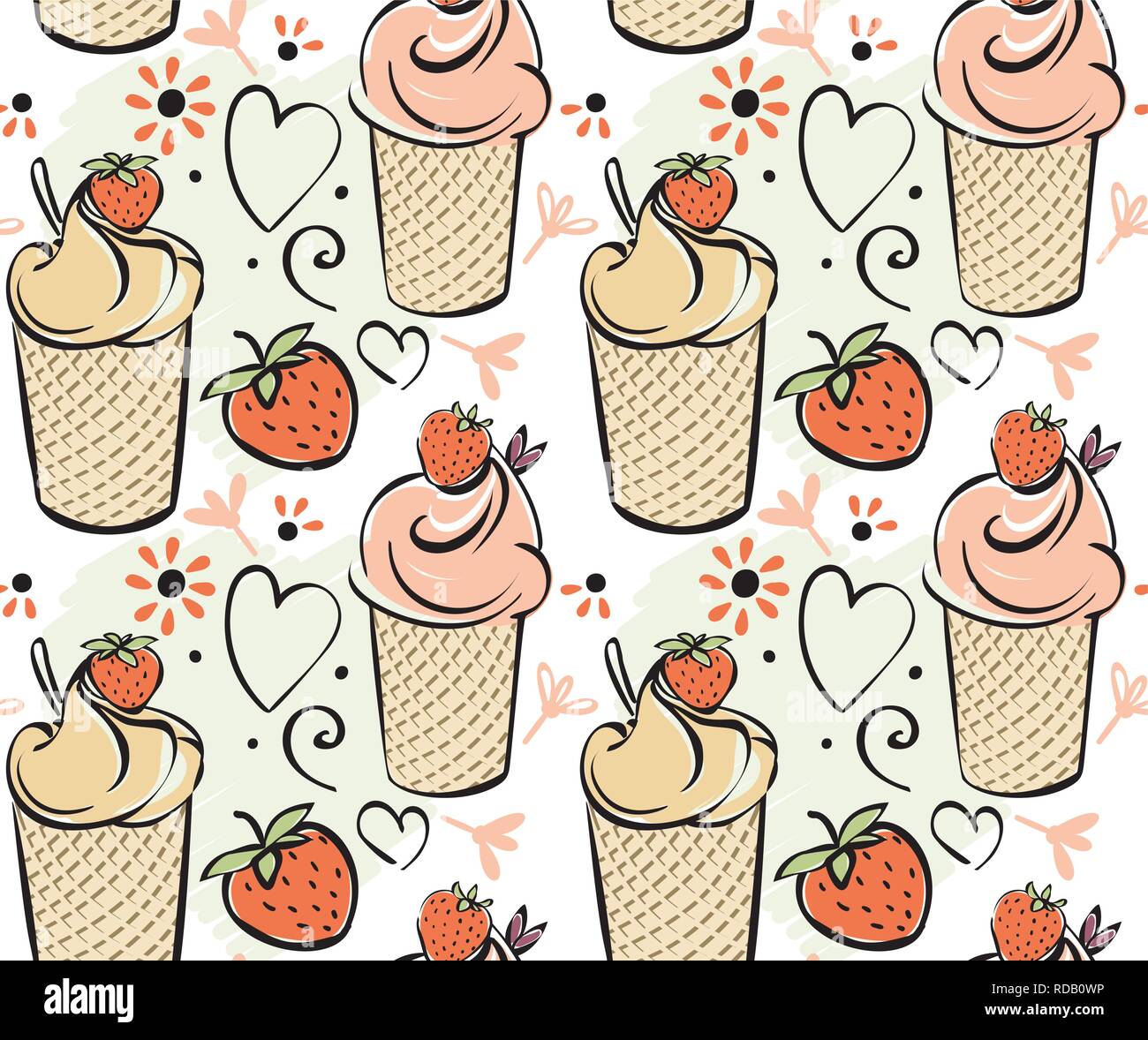 Ice cream with strawberry. seamless pattern Black white pink creame red hand made drawing for kids, adult, caffee Stock Vector