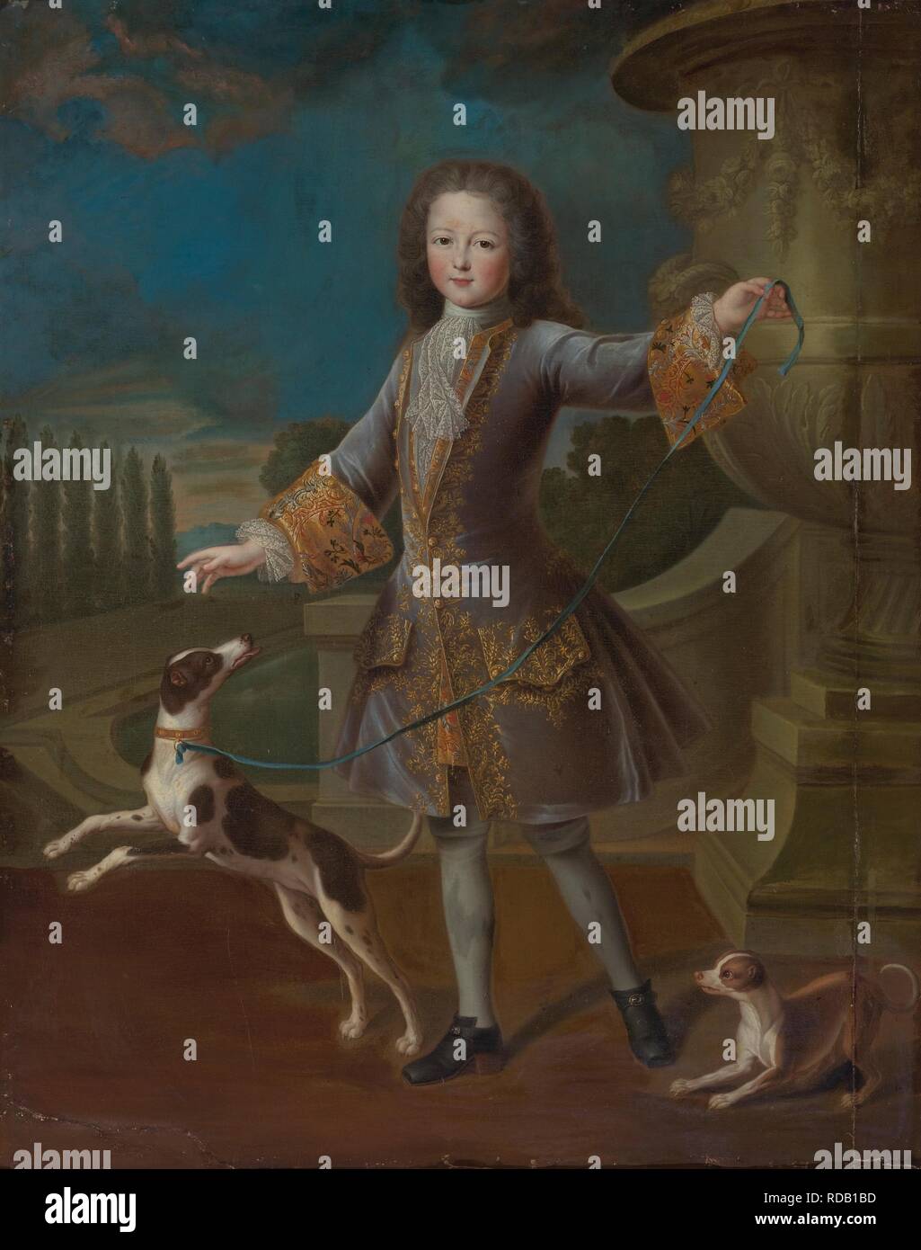 Louis XV of France (1710-1774) With Two Dogs. Museum: PRIVATE COLLECTION. Author: GOBERT, PIERRE. Stock Photo
