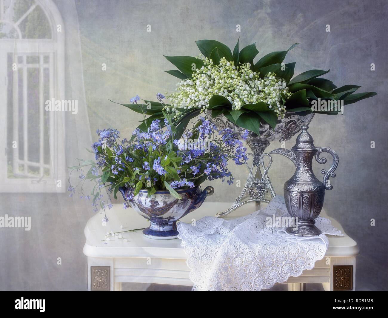 Still life with bouquet lily of the valley and forget mi not Stock ...