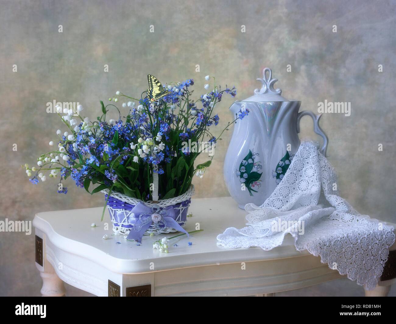 Still life with bouquet lily of the valley and forget mi not Stock ...