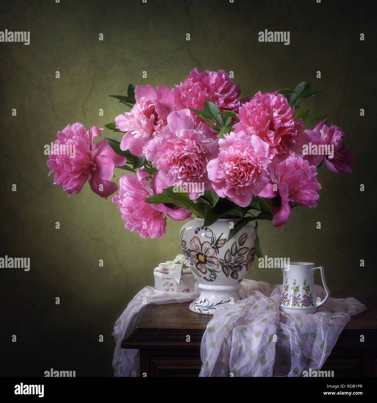 Still life with bouquet of pink peonies Stock Photo - Alamy