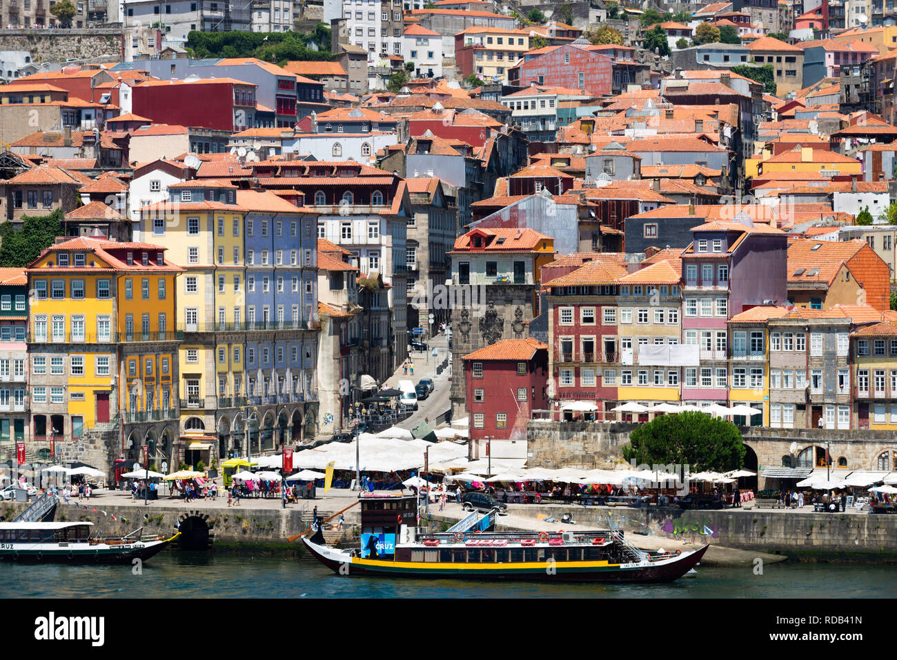 Old ship and houses in the hills of downtown Porto Portugal Stock Photo