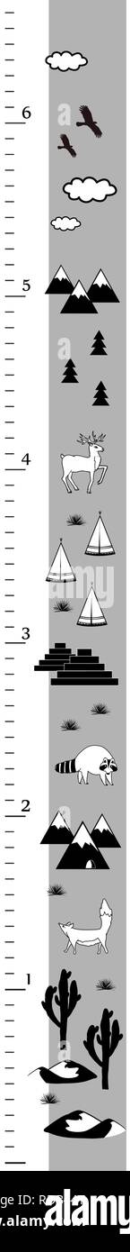 Kids height chart in minimalistic scandinavian style. Meter Wall or Height Meter, Inches Scale. Black and white Vector illustration. Stock Vector