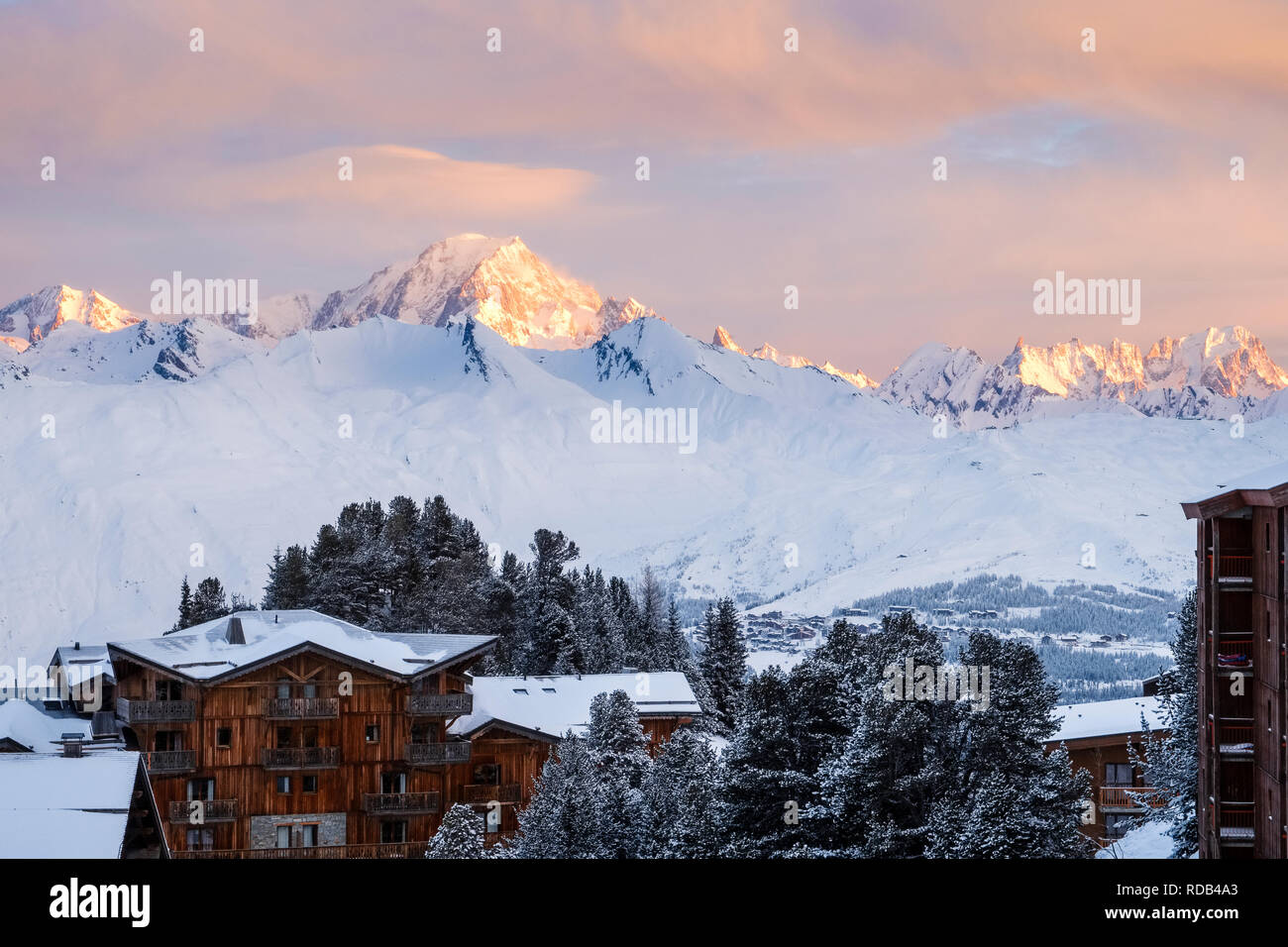 Looking out over Arc 2000 to Mont Blanc as the sun rises. Stock Photo