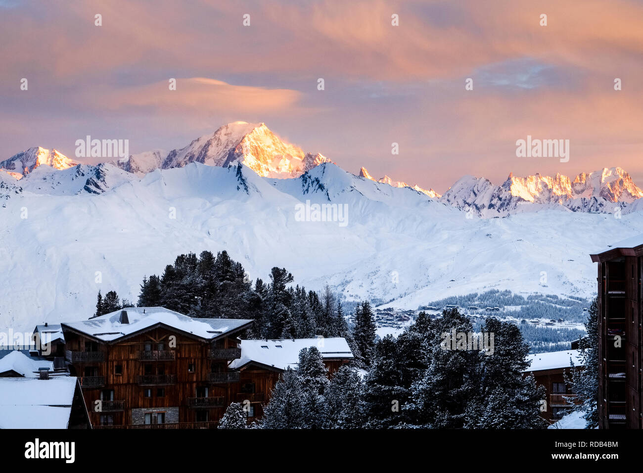 Looking out over Arc 2000 to Mont Blanc as the sun rises. Stock Photo
