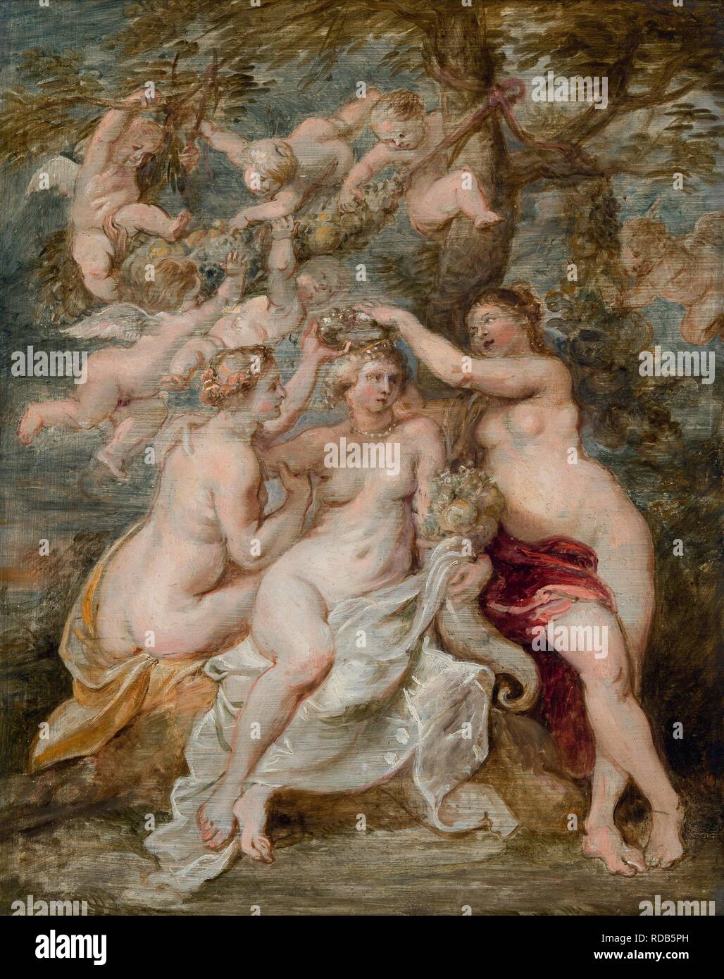 The nymphs crowning the Goddess of Abundance. Museum: Accademia di San Luca. Author: Rubens, Pieter Paul. Stock Photo