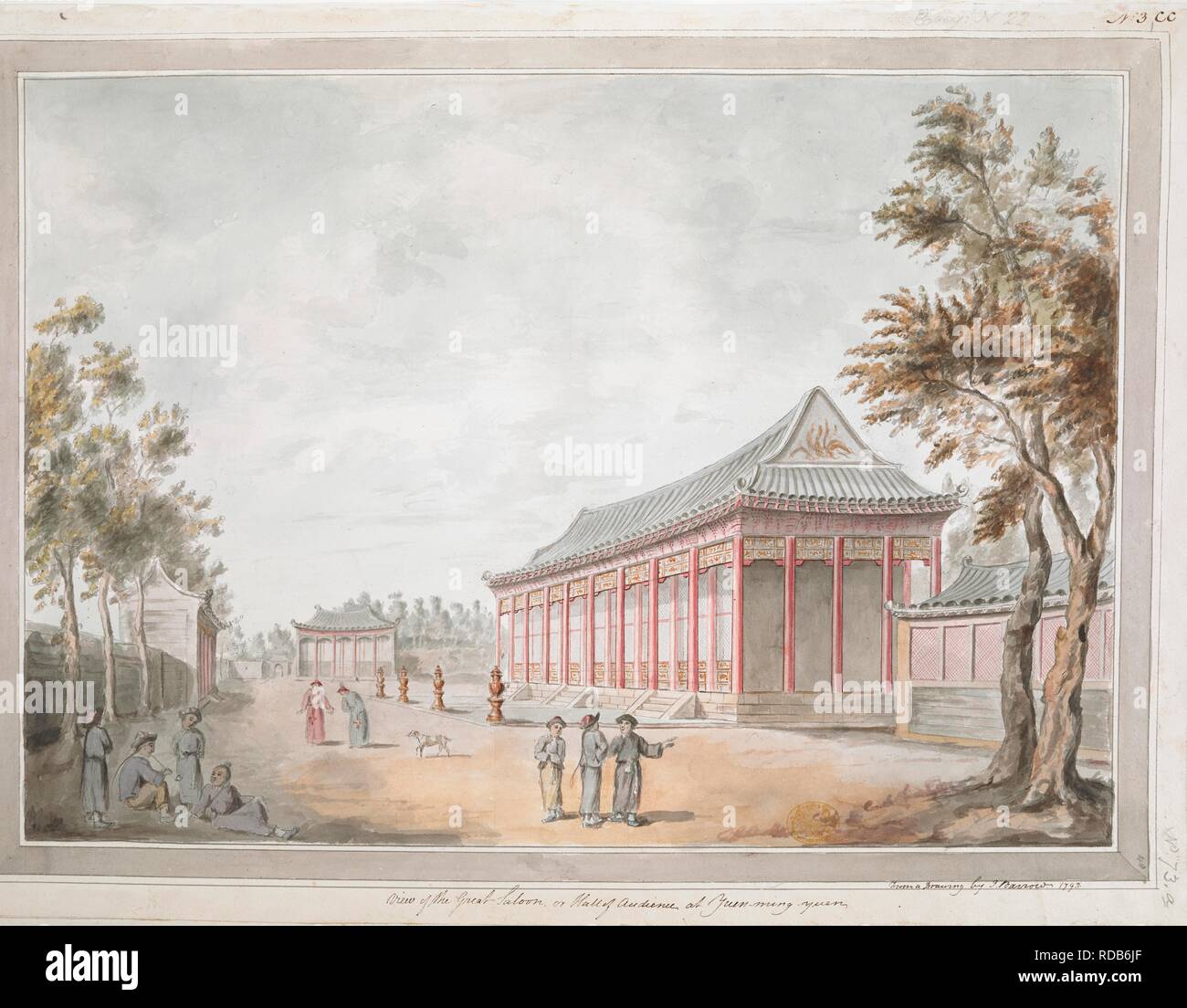 View of the Great Saloon, or Hall of Audience at Yuen-ming-yuen / From a drawing by J. Barrow. 1793. Groups of Chinese men in conversation under the trees by a road in the foreground, with the porticoed great hall of audience of the palace of Yuen-ming-yuen on the right, within washlines.   . A collection of eighty views, maps, portraits and drawings illustrative of the Embassy sent to China under George, Earl of Macartney, in 1793; drawn chiefly by William Alexander, some by Sir John Barrow, Bart., some by Sir Henry Woodbine Parish, and one by William Gomm. Many of them are engraved in Sir Ge Stock Photo