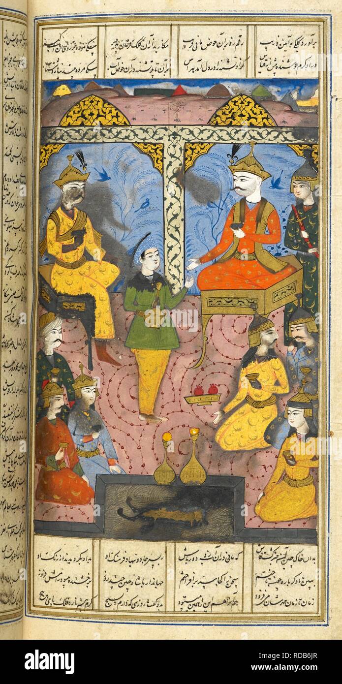Iskandar entertained by the Khaqan of Chin. Nizami's Khamsa ('Five Poems'). Isfahan, Iran, 1665-1667. Source: Add. 6613, f.246v. Language: Persian. Author: NIZAMI. Talib Lala. Stock Photo