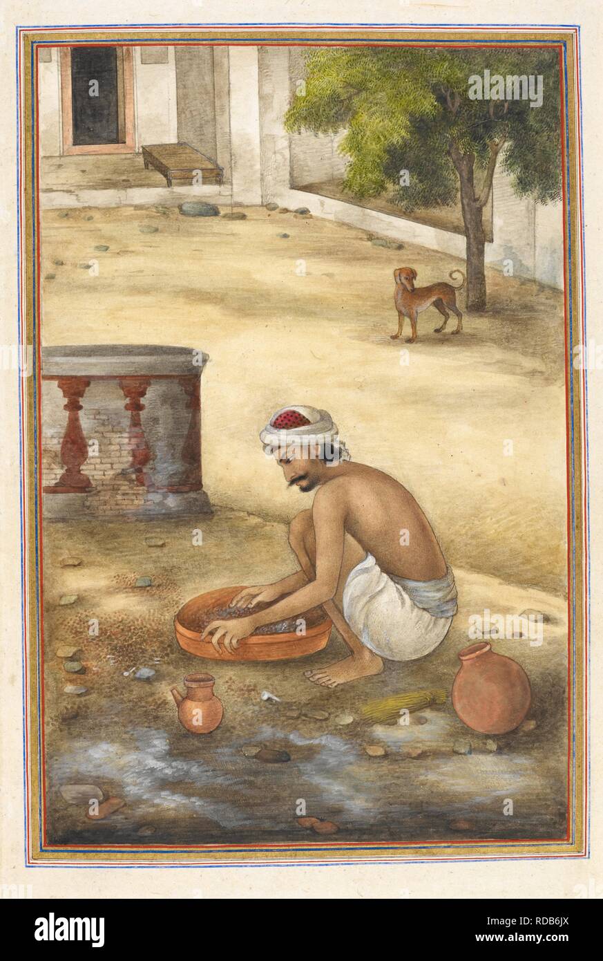 Sweepings-sifter. A man searching sweepings for gold or silver. Tashrih al-aqvam, an account of origins and occupations of some of the sects, castes and tribes of India. Written at Hansi Cantonment, Hissar District, eighty-five miles north-west of Delhi for Colonel James Skinner. 1825. Source: Add. 27255, f.314v. Language: Persian. Author: ANON. Stock Photo
