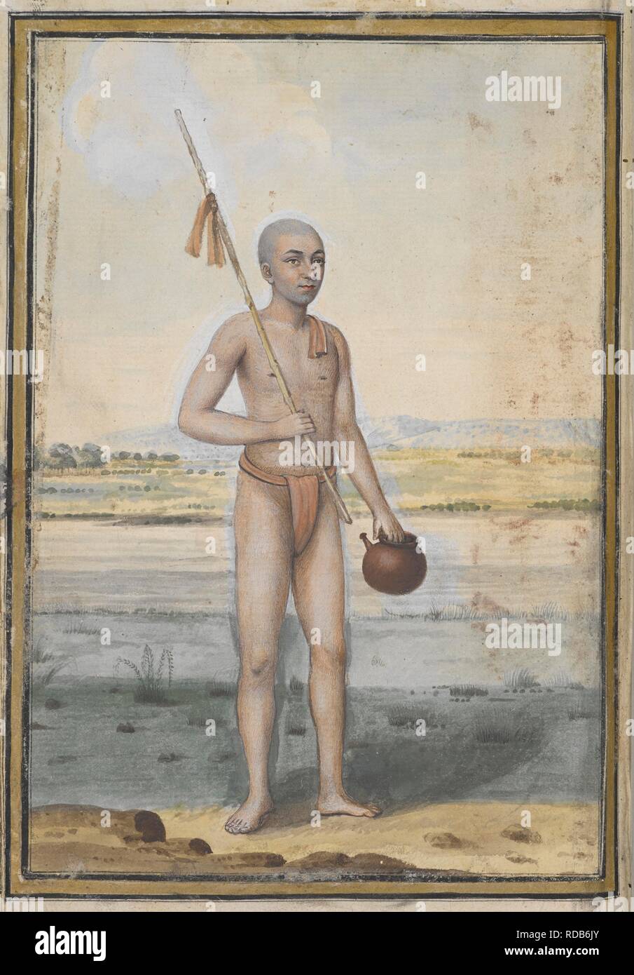 A member of the Dandi sect. Members of this sect used to shave all their body hair. They covered their bodies with ash and carried a pot and a stick at all times. A painting from a nineteenth century manuscript of Fuqara'-i Hind, a text describing the different Hindu religious sects. Fuqara'-i Hind. early 19th century. A member of the Dandi sect. Members of this sect used to shave all their body hair. They covered their bodies with ash and carried a pot and a stick at all times. A painting from a nineteenth century manuscript of Fuqara'-i Hind, a text describing the different Hindu religious s Stock Photo