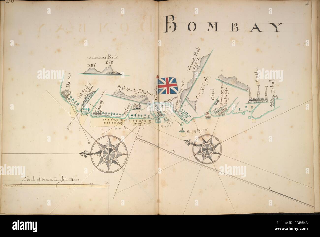 Coast about Bombay. c 1680. A chart of the coast about Bombay; drawn about 1680, by William Hacke, on a scale of 6 1/2 English miles to an inch. Ms. 2 f. 2 in. x 1 f. 6 in..  Originally published/produced in c 1680. . Source: Maps.9.Tab.37.(30),. Stock Photo