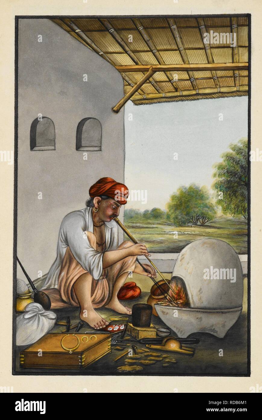 A goldsmith at work. 1825-1830. Watercolour. Source: Add.Or.1318. Stock Photo