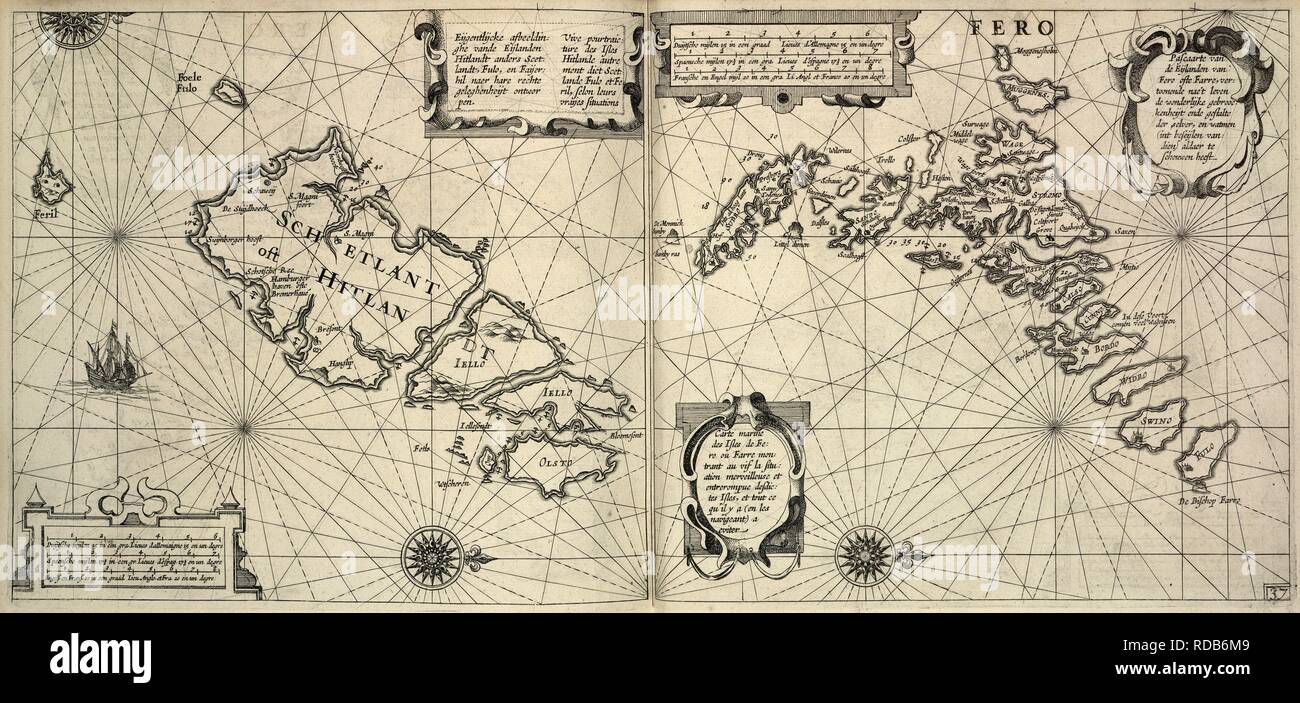 Faeroe Islands. [The Light of Navigation, wherein are declared and. Amsterdam : Jean Jeansson, 1620. Chart of the Faeroes or Faroe Islands.  Image taken from [The Light of Navigation, wherein are declared and lively pourtrayed, all the Coasts and Havens, of the West, North and East Seas By William Johnson [i.e. Willem Janszoon Blaeu. Translated from Het Licht der Zee-vaert]. (The first book. pp. 114, and charts 1-6, 8-19. The second book. pp. 118, and charts 20-41)]. 270 x 280 mm.  Originally published/produced in Amsterdam : Jean Jeansson, 1620. . Source: Maps.C.8.a.2, no.37. Language: Dutch. Stock Photo