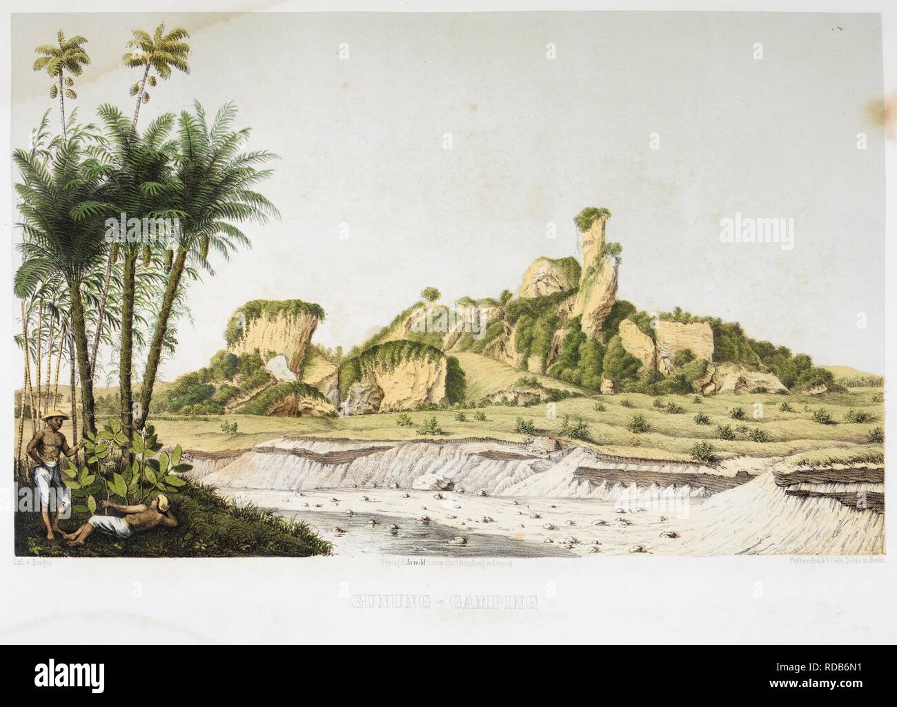 Gunung Gamping. A view of a rocky landscape. Natives can be seen in the foreground. Java Album. Leipzig, 1856. Source: 1781.a.21, plate 3. Language: German. Author: JUNGHUHN, FRANZ WILHELM. Stock Photo