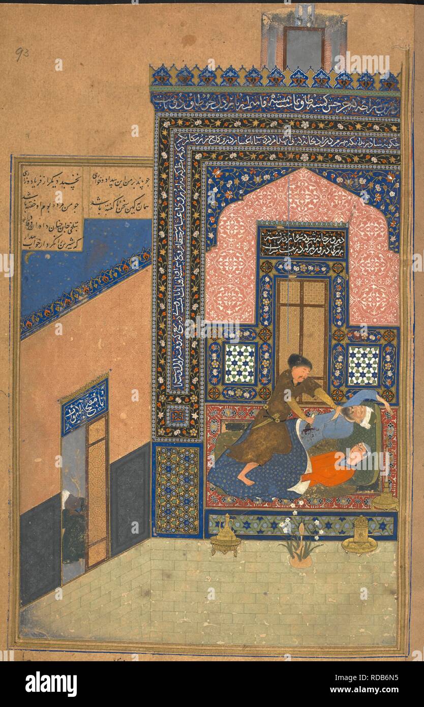Shiruy murdering Khusrau in bed. (Inscriptions round the building and door are of a Persian quatrain). Khamsa. ('Five Poems'), by Nizami. Herat, 1494-1495. Opaque watercolour. Source: Or. 6810, f.93. Language: Persian. Stock Photo
