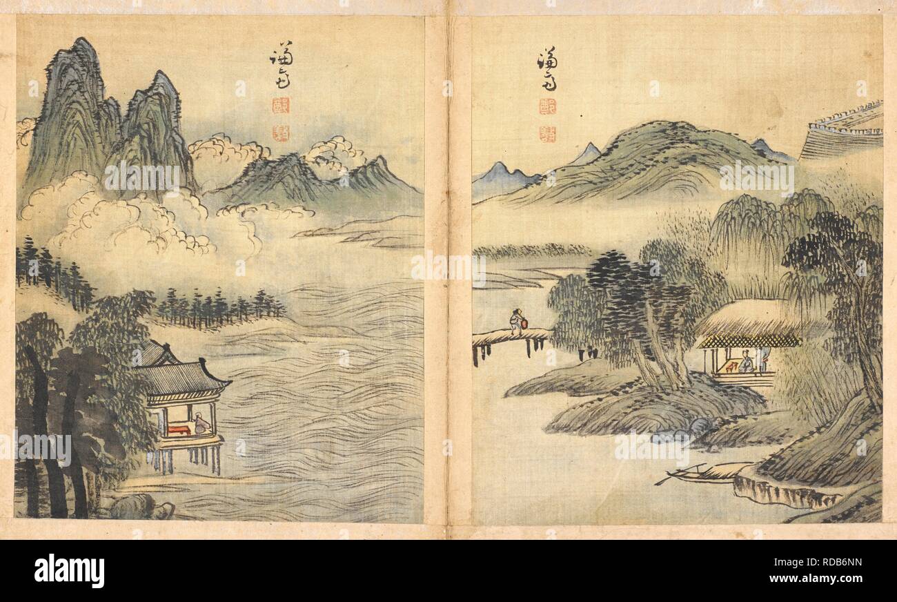 Buildings and people in a mountainous landscape. Kyomjae hwachâ€™op. [Album of paintings by Kyomjae [i.e.Chong Son]]. 18th century ?. Album of 16 paintings attributed to the Korean artist Chong Son (1676â€“1759). Source: Or.14391 p.6v-6. Stock Photo