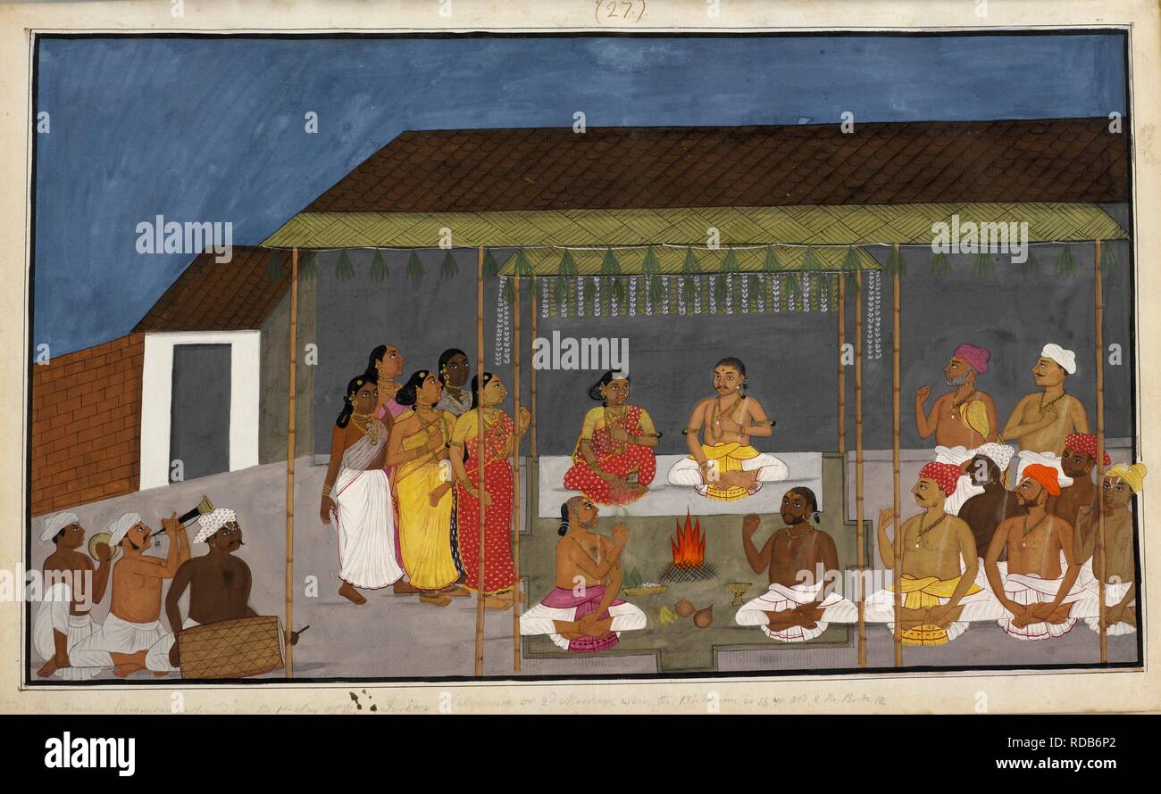 The Omum ceremony performed on the first day of the Teritte Kallyanum or second marriage when the bridegroom is eighteen years old, and the bride is twelve. The Lives of the Brahmins. c.1820. Watercolour. Source: Add.Or.4345. Stock Photo