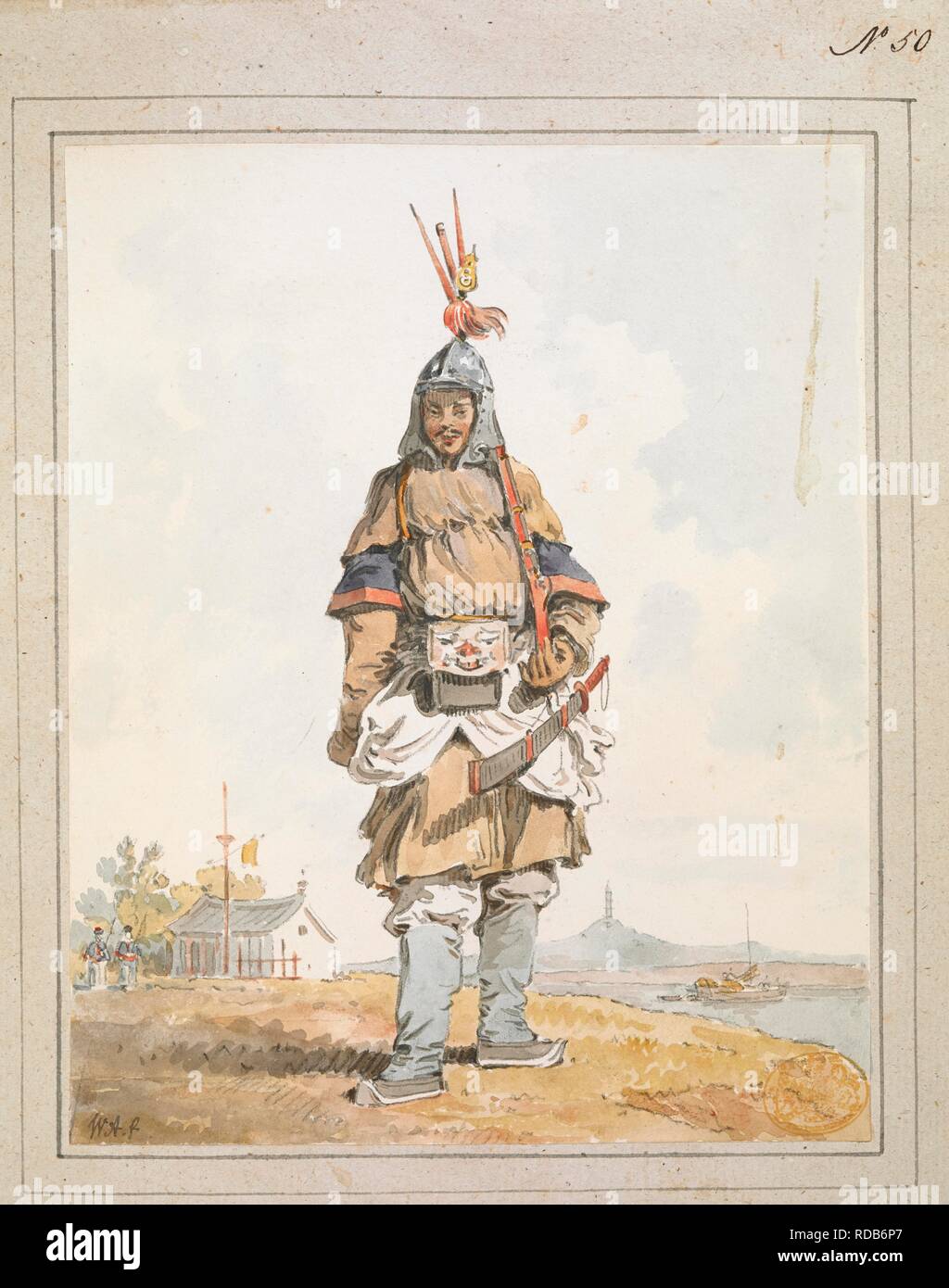 Portrait of a Chinese Soldier. Chinese soldier standing full-length facing front, wearing plumed helmet and holding a rifle over his shoulder and a sword hanging from his belt, with landscape in the background. Signed with initials at bottom left and pasted on mount with washlines. [A collection of eighty views, maps, portraits and drawings illustrative of the Embassy sent to China under George, Earl of Macartney, in 1793; drawn chiefly by William Alexander, some by Sir John Barrow, Bart., some by Sir Henry Woodbine Parish, and one by William Gomm. Many of them are engraved in Sir George Staun Stock Photo