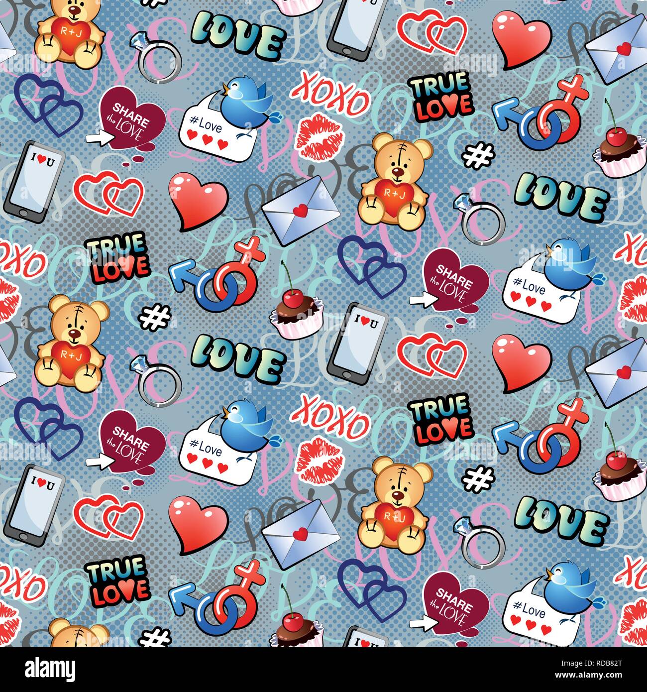 Seamless pattern with funny love elements for Valentines day. Vector illustration. Stock Vector