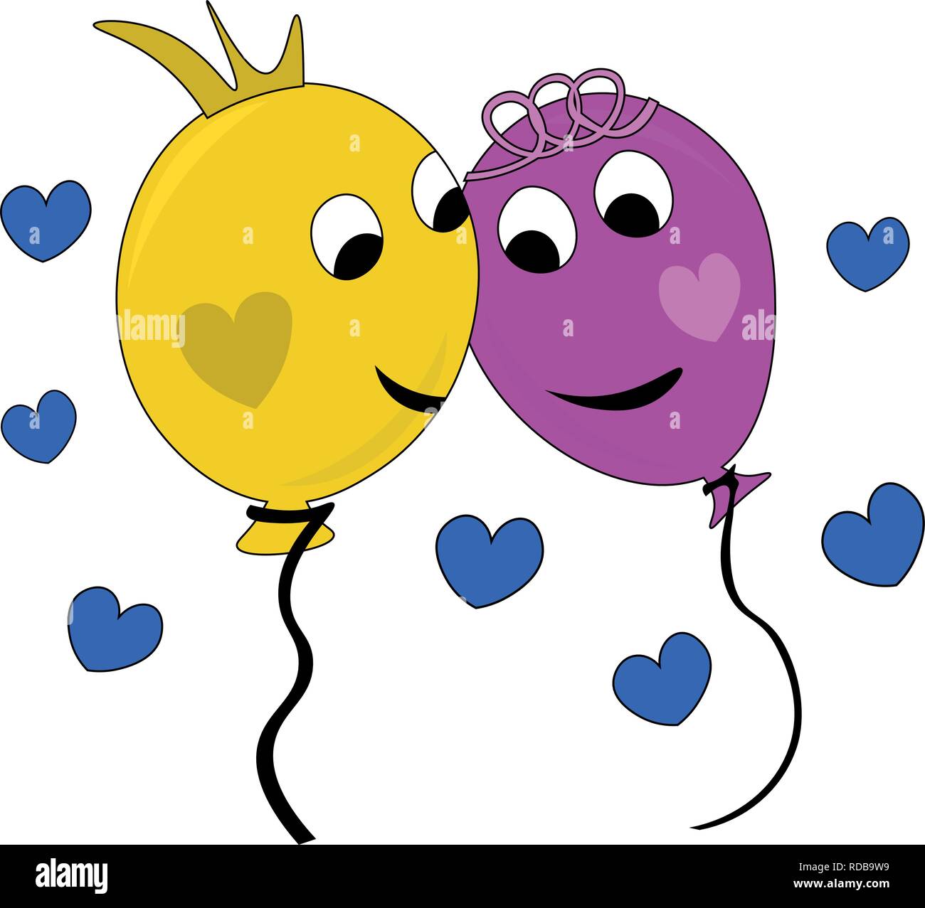 Happy couple of colorful balloons in love, yellow and ping balloon, hearts around, celebrating Valentines day Stock Vector