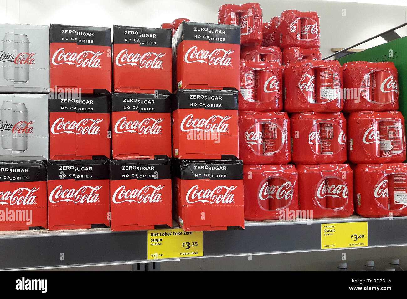 Cans of Coca Cola, Diet Coke and Coke Zero are pictured on a shelf in Aldi  supermarket in Warwick, Warwickshire. 17, Jan, 2019 Stock Photo - Alamy