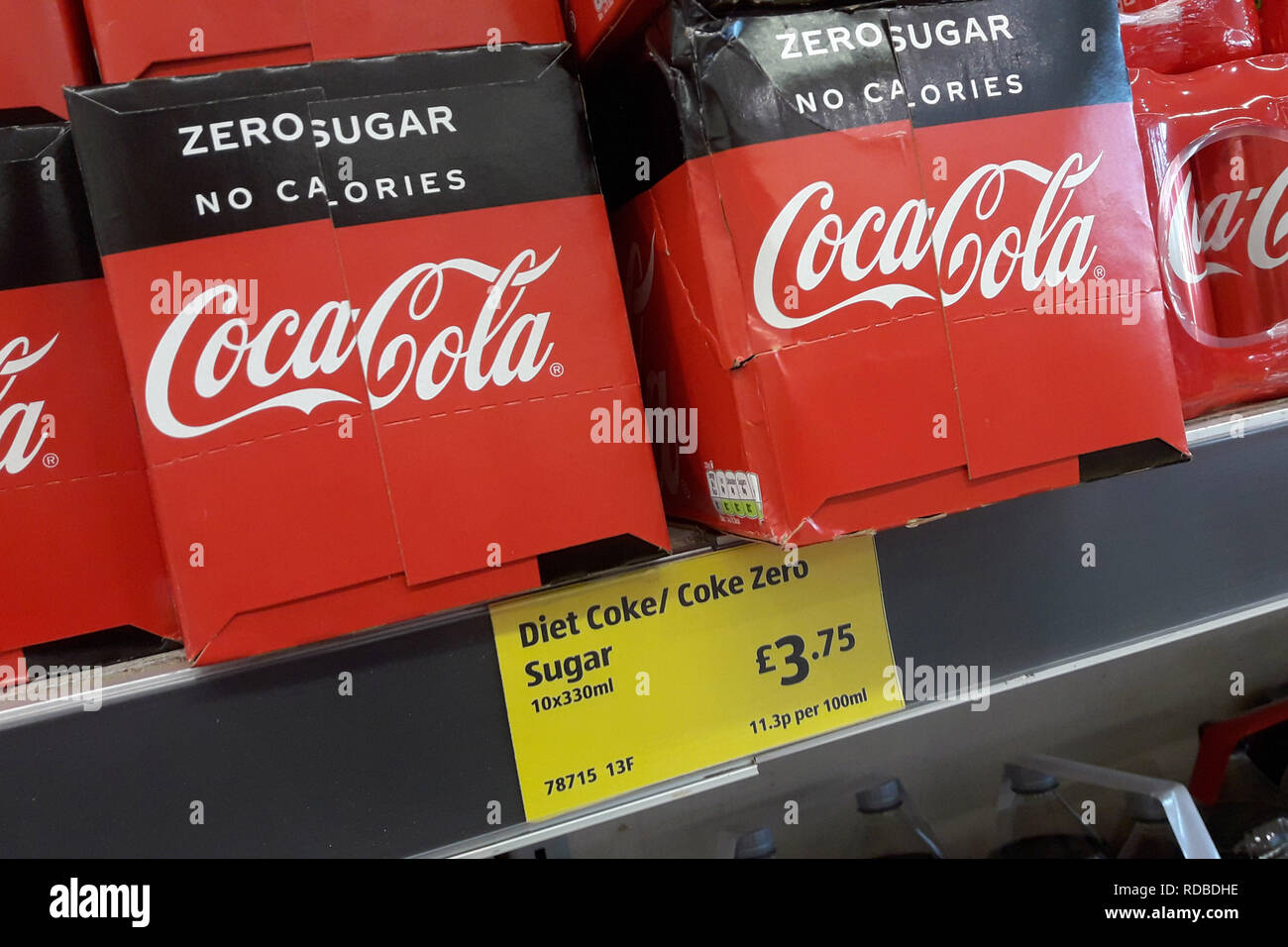 Cans of Coca Cola, Diet Coke and Coke Zero are pictured on a shelf in Aldi supermarket in Warwick, Warwickshire. 17, Jan, 2019. Stock Photo