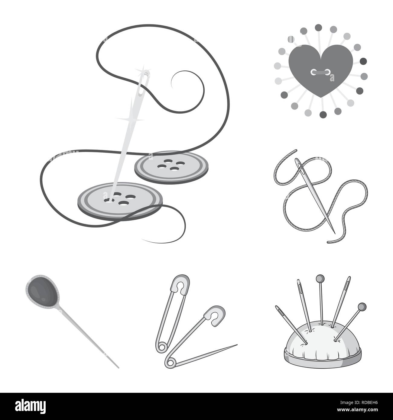 Vector design of pin and sewing symbol. Collection of pin and sketch ...