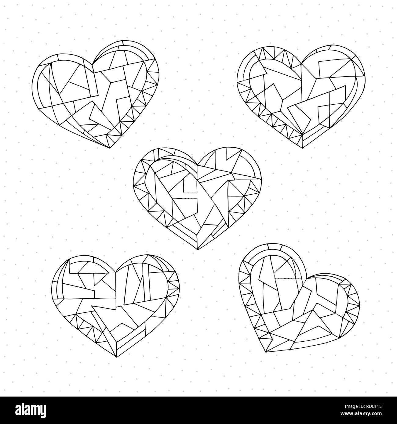 Hearts set coloring book. Hand drawn abstract love holidays vector illustrations. Valentines day background in modern style. Holidays coloring page. Stock Vector